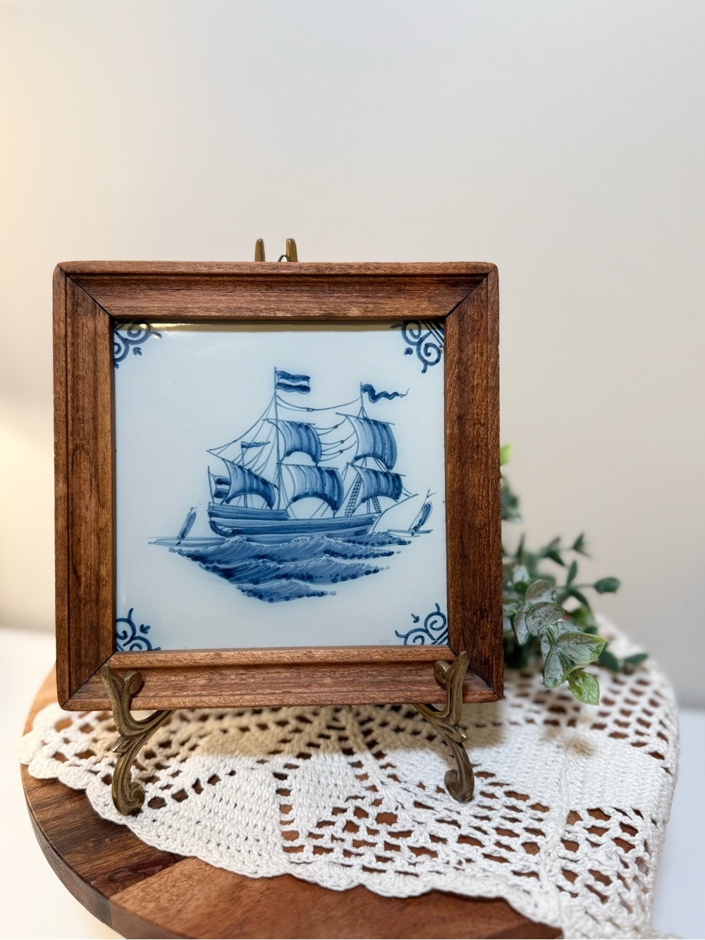 Vintage Delft Style Tile – Framed Blue Sailing Ship (Royal Makkum Holland)